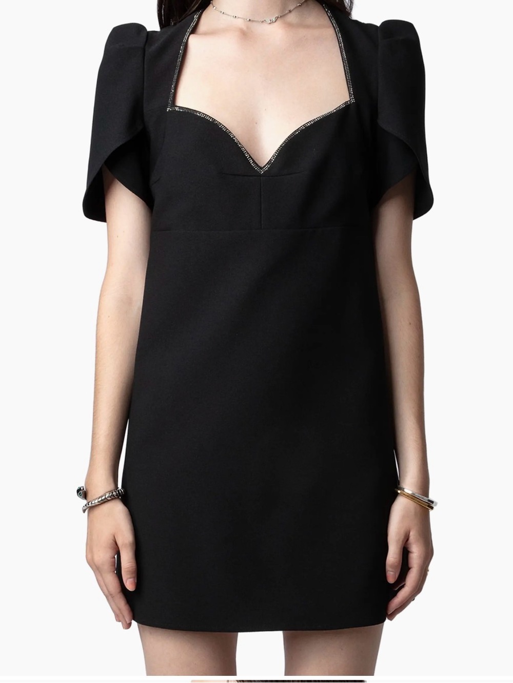 Zadig & Voltaire Black Mini Dress with Crystal Trimmed Sweetheart Neckline